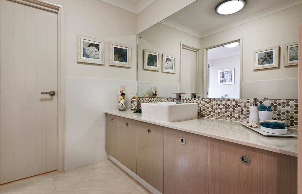 Photo of a medium sized contemporary bathroom in Perth with a vessel sink, flat-panel cabinets, medium wood cabinets, engineered stone worktops, brown tiles, mosaic tiles, beige walls and porcelain flooring.