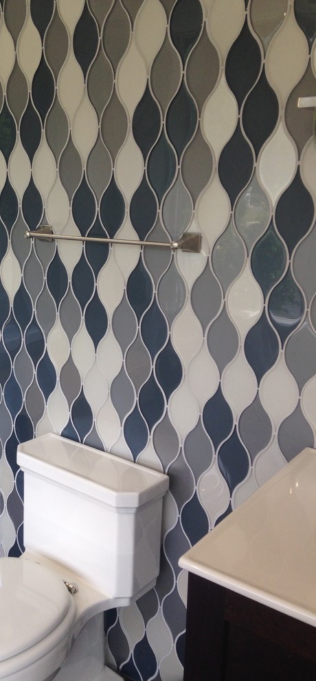 Inspiration for a medium sized classic shower room bathroom in Philadelphia with shaker cabinets, medium wood cabinets, a walk-in shower, beige tiles, blue tiles, white tiles, matchstick tiles, grey walls, ceramic flooring, a vessel sink, quartz worktops and a two-piece toilet.