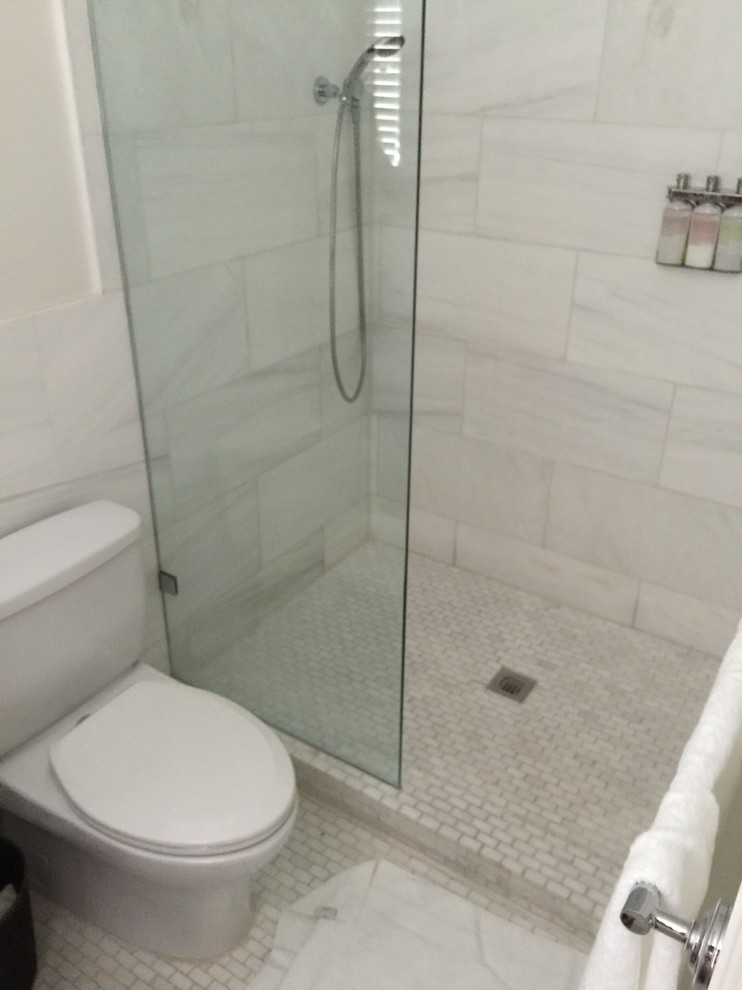 Bild på ett mellanstort funkis badrum, med en dusch i en alkov, en toalettstol med hel cisternkåpa, grå kakel, marmorkakel, grå väggar, mosaikgolv, grått golv och med dusch som är öppen