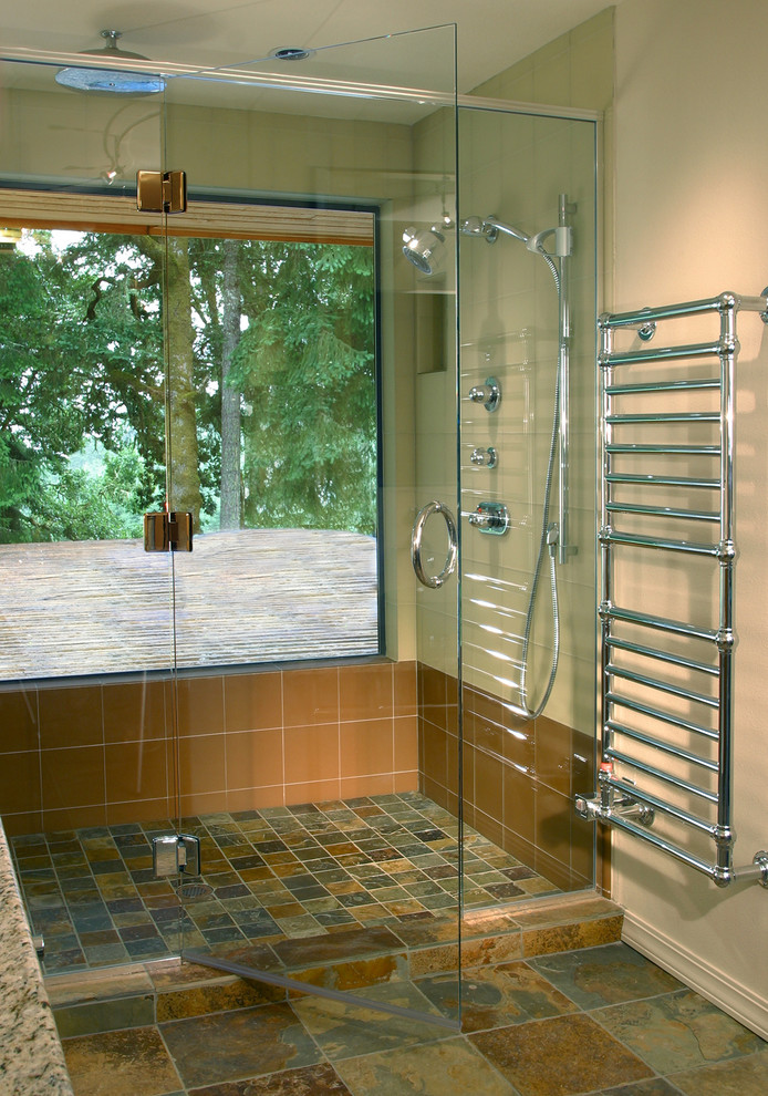 Alcove shower - eclectic multicolored tile alcove shower idea in Portland