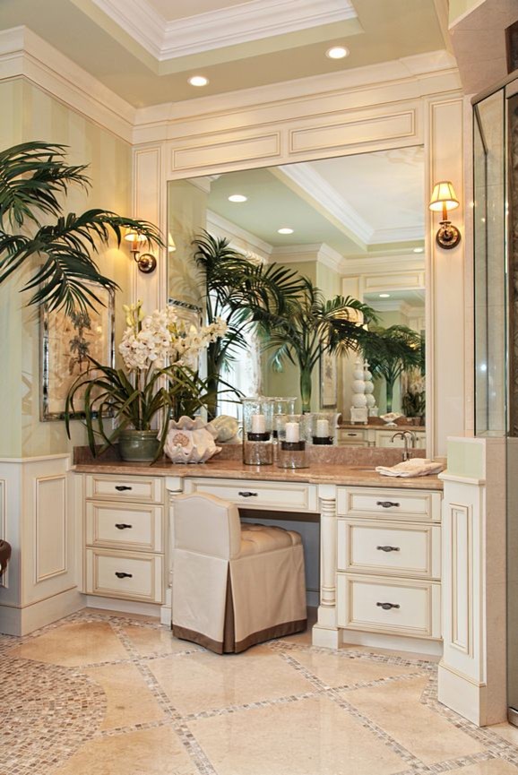 Large elegant master ceramic tile bathroom photo in Miami with recessed-panel cabinets, white cabinets, green walls, an undermount sink and granite countertops
