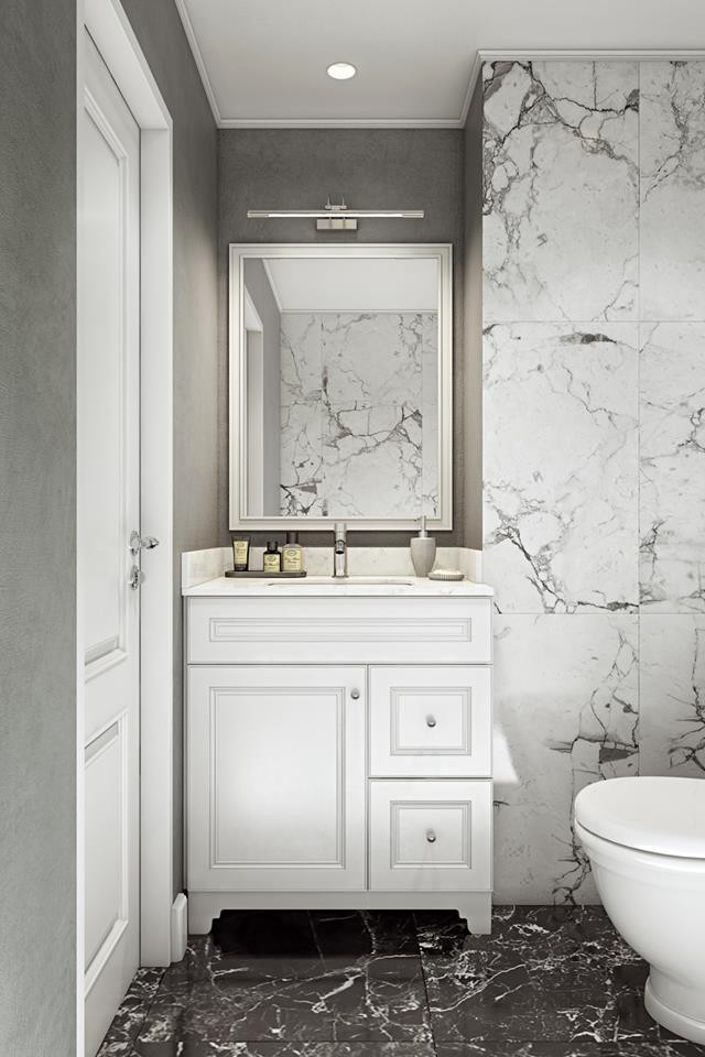 Immagine di una piccola stanza da bagno con doccia con ante con riquadro incassato, ante bianche, pistrelle in bianco e nero, piastrelle in ceramica, top in quarzo composito e top bianco