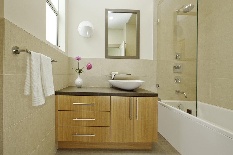 Inspiration for a contemporary bathroom remodel in San Francisco with a vessel sink