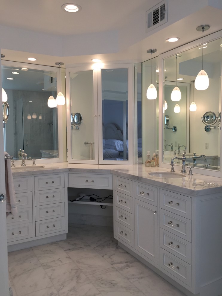 Photo of a medium sized classic ensuite bathroom in Los Angeles with beaded cabinets, white cabinets, a freestanding bath, an alcove shower, white tiles, white walls, marble flooring, a submerged sink and marble worktops.
