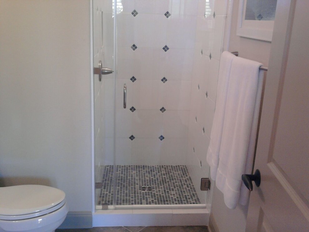 Photo of a medium sized contemporary shower room bathroom in Austin with an alcove shower, multi-coloured tiles, mosaic tiles and a hinged door.