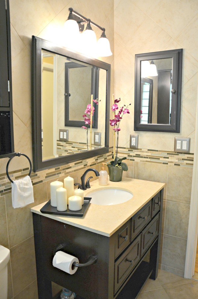 Example of a mid-sized trendy master multicolored tile and mosaic tile ceramic tile bathroom design in DC Metro with an undermount sink, furniture-like cabinets, dark wood cabinets, granite countertops, a two-piece toilet and beige walls
