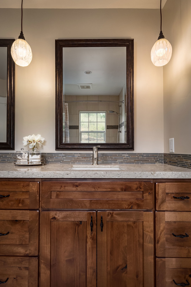Bathroom with Pendant Lighting and Dark Wood Framed Wall Hung Mirrors