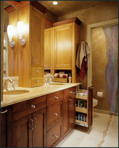 Mid-sized eclectic master beige tile and porcelain tile porcelain tile bathroom photo in Portland with an undermount sink, recessed-panel cabinets, medium tone wood cabinets, marble countertops, a two-piece toilet and brown walls