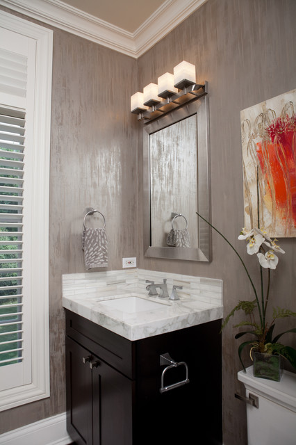 Bathroom with Silver Wallpaper and Marble Countertop Contemporary Bathroom Chicago by Interior Enhancement Group Inc. Houzz UK