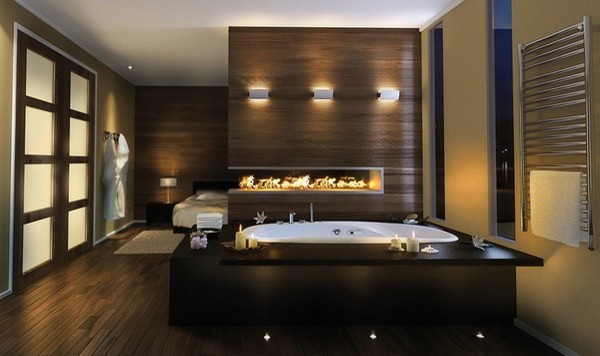 Источник вдохновения для домашнего уюта: ванная комната в современном стиле с гидромассажной ванной, коричневой плиткой и плиткой под дерево