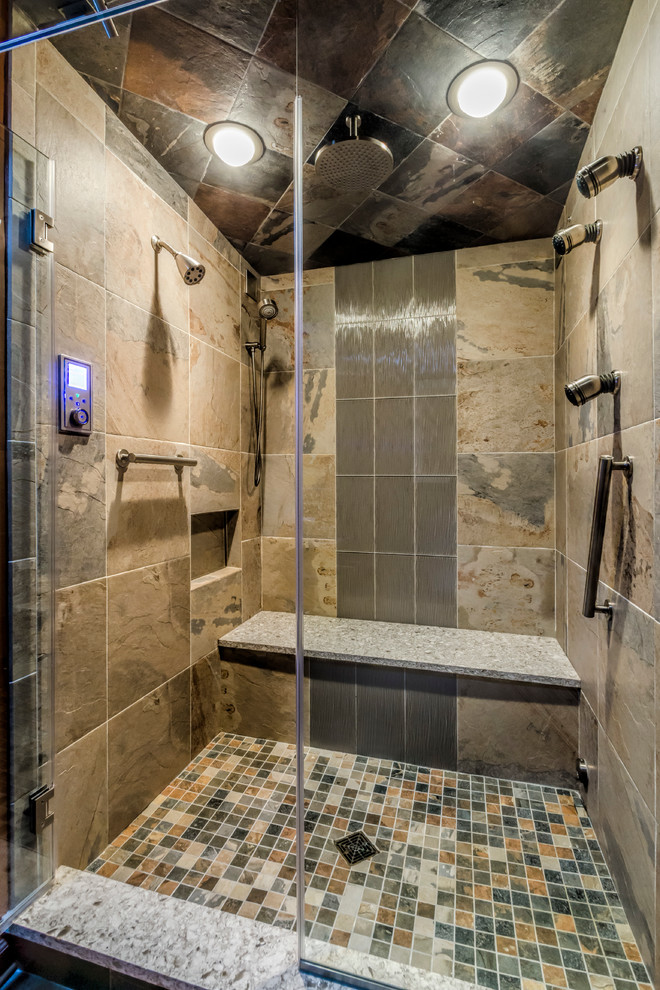 Example of a mid-sized asian master multicolored tile and porcelain tile porcelain tile alcove shower design in Chicago with an undermount sink, recessed-panel cabinets, gray cabinets, quartz countertops, a two-piece toilet and orange walls