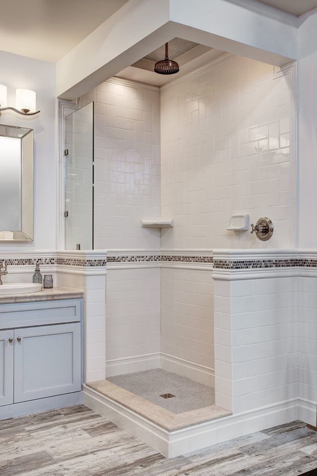 Large elegant master white tile and ceramic tile light wood floor and gray floor bathroom photo in Detroit with a drop-in sink, white walls, shaker cabinets, gray cabinets and granite countertops