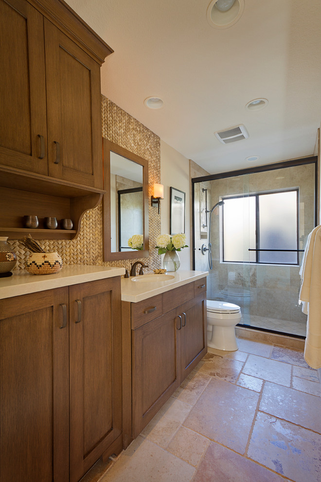 Mid-sized elegant master bathroom photo in Phoenix with shaker cabinets and medium tone wood cabinets