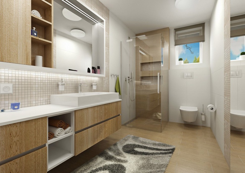 Idée de décoration pour une salle de bain design en bois clair de taille moyenne avec un placard à porte plane, une douche à l'italienne, WC à poser, un carrelage blanc, des carreaux de porcelaine, un mur blanc, parquet clair, un lavabo posé et un plan de toilette en surface solide.