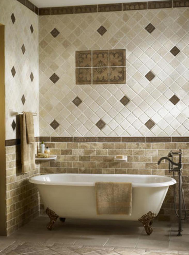 Example of a mid-sized transitional master beige tile, brown tile and porcelain tile ceramic tile claw-foot bathtub design in San Francisco with recessed-panel cabinets, dark wood cabinets, a one-piece toilet, brown walls, an undermount sink and solid surface countertops