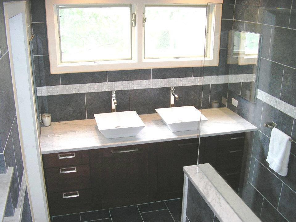 Design ideas for a medium sized modern ensuite bathroom in Bridgeport with a vessel sink, dark wood cabinets, marble worktops, a walk-in shower, grey tiles, cement tiles, grey walls and slate flooring.