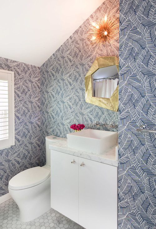 Nautical Elegance: Blue and White Bathroom Wallpaper Ideas with Starburst Sconce