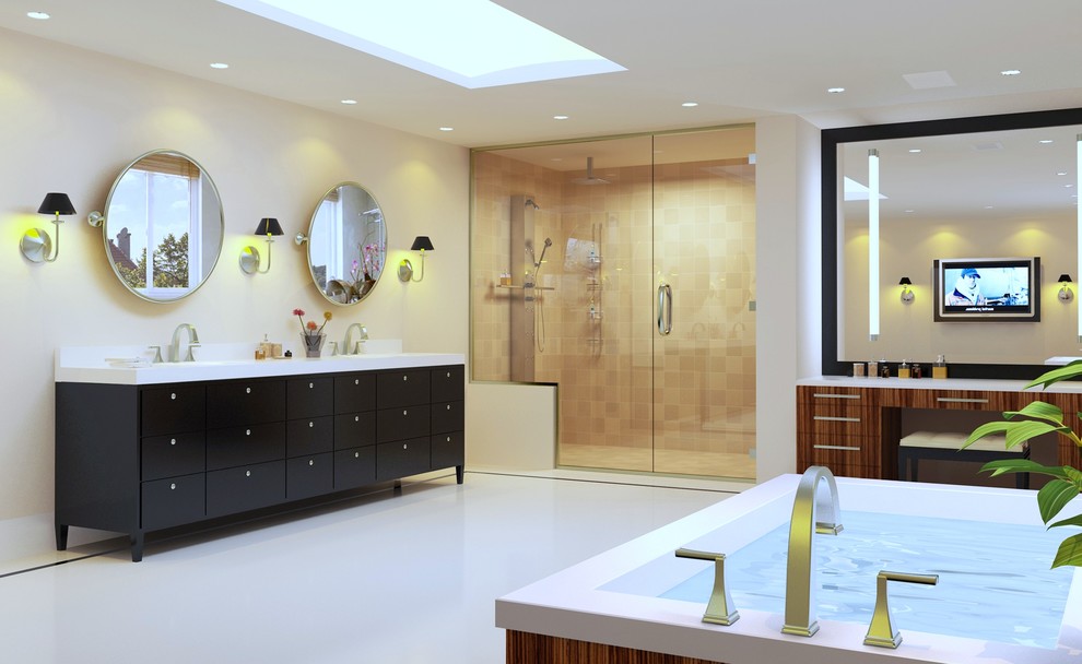 Inspiration for a traditional ensuite bathroom in Los Angeles with freestanding cabinets and black cabinets.
