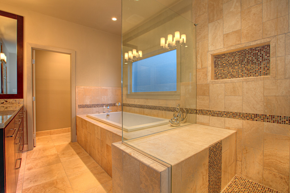 Bathroom - mid-sized traditional master beige tile and mosaic tile ceramic tile and brown floor bathroom idea in San Francisco with flat-panel cabinets, medium tone wood cabinets, a two-piece toilet, brown walls, an undermount sink, granite countertops and a hinged shower door