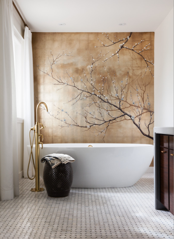 Inspiration pour une salle de bain traditionnelle en bois foncé avec un lavabo encastré, une baignoire indépendante, un placard à porte plane, un carrelage blanc, un plan de toilette en marbre et mosaïque.