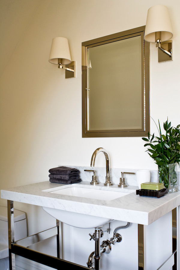 Example of a trendy bathroom design in Toronto with an undermount sink and open cabinets