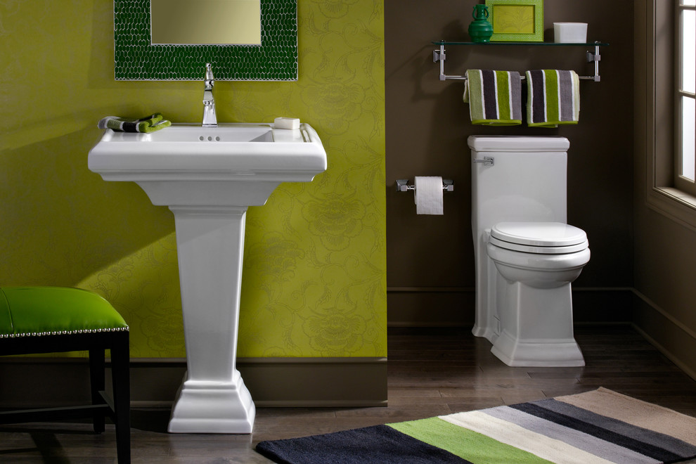 Inspiration for a small eclectic bathroom remodel in Nashville with a pedestal sink and a one-piece toilet