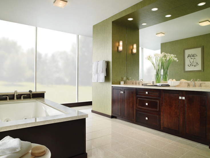 Пример оригинального дизайна: большая главная ванная комната в стиле модернизм с врезной раковиной, фасадами островного типа, темными деревянными фасадами, столешницей из гранита и полновстраиваемой ванной