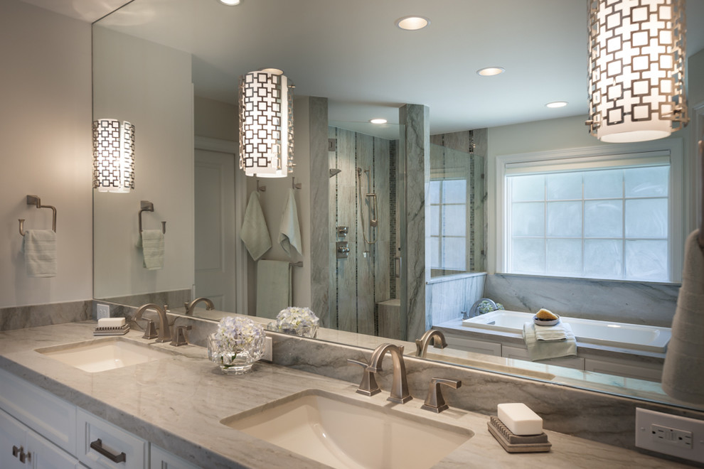 Example of a large eclectic master green tile porcelain tile bathroom design in Houston with a drop-in sink, shaker cabinets, white cabinets, granite countertops and white walls