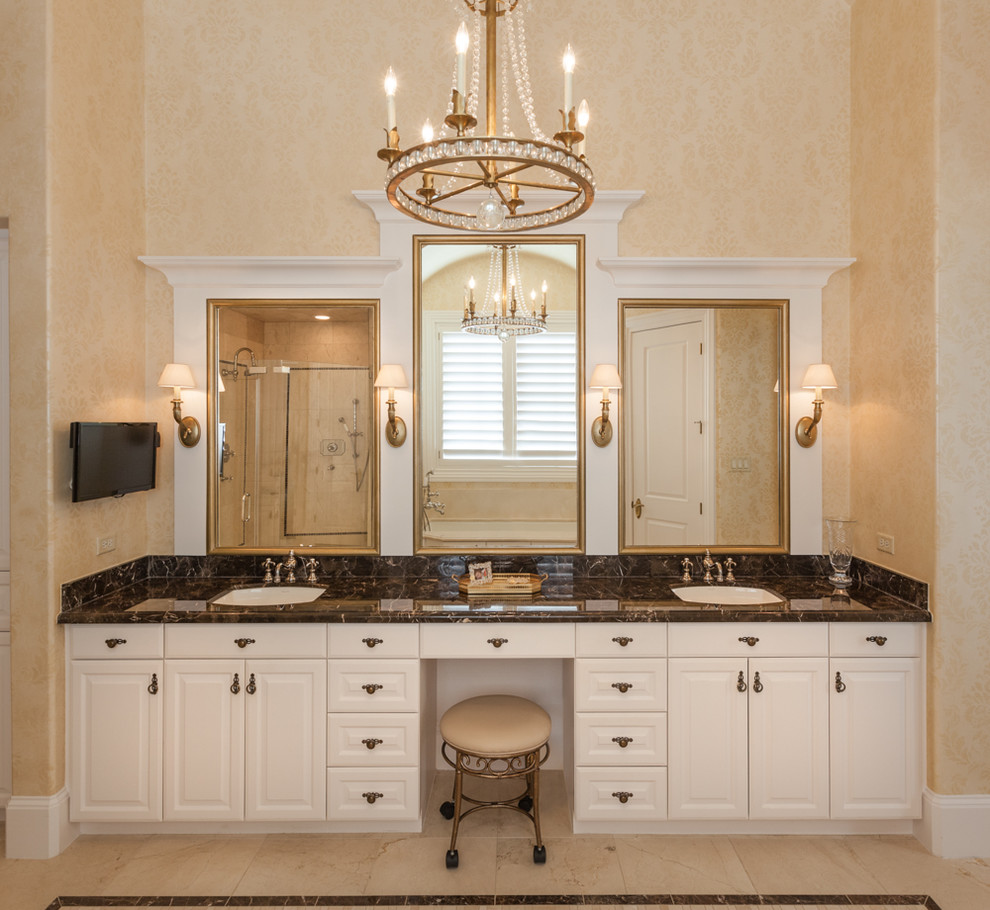 Large trendy master beige tile and ceramic tile ceramic tile bathroom photo in Houston with a drop-in sink, recessed-panel cabinets, white cabinets, granite countertops and yellow walls