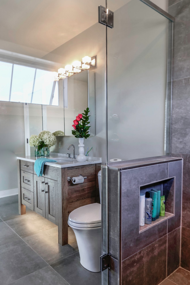 Design ideas for a traditional ensuite bathroom in Other with shaker cabinets, medium wood cabinets, an alcove shower, a one-piece toilet, cement tiles, white walls, a submerged sink, engineered stone worktops and a hinged door.