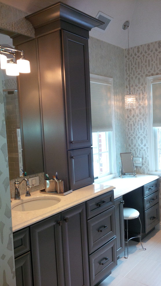Transitional multicolored tile corner shower photo in Other with an undermount sink, flat-panel cabinets, gray cabinets and quartz countertops