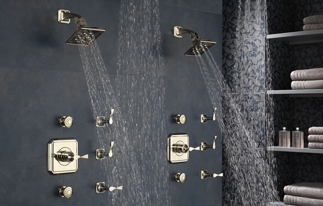 Foto di una grande stanza da bagno padronale minimal con vasca freestanding, pareti marroni, parquet scuro e doccia doppia