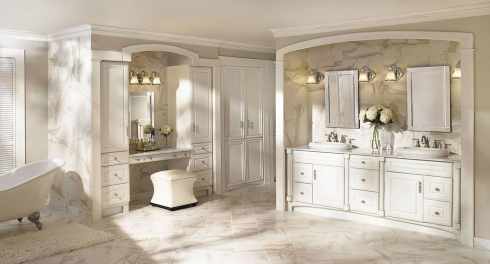 Photo of a large traditional shower room bathroom in Other with raised-panel cabinets, white cabinets, a claw-foot bath, beige walls, marble flooring, a built-in sink, marble worktops and white floors.