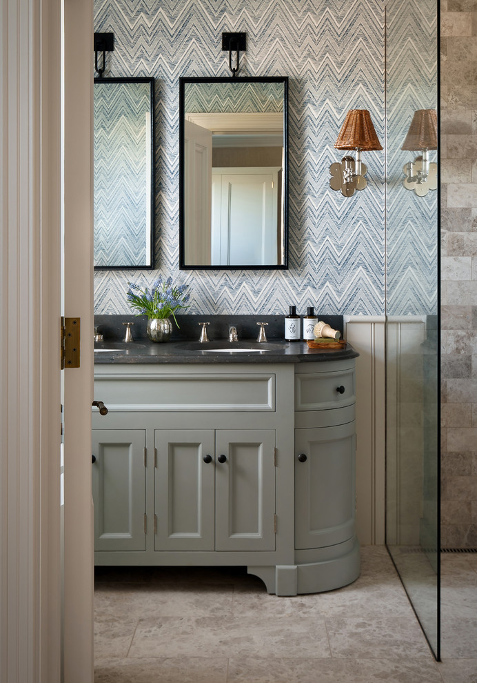 Design ideas for a medium sized nautical bathroom in Cornwall with recessed-panel cabinets, grey cabinets, grey tiles, multi-coloured walls, marble flooring, a submerged sink, marble worktops, grey floors, an open shower and grey worktops.