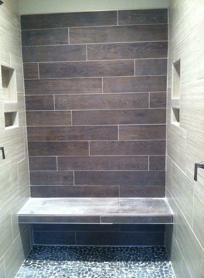Photo of a medium sized contemporary ensuite bathroom in Other with a walk-in shower, beige tiles, brown tiles, porcelain tiles and beige walls.