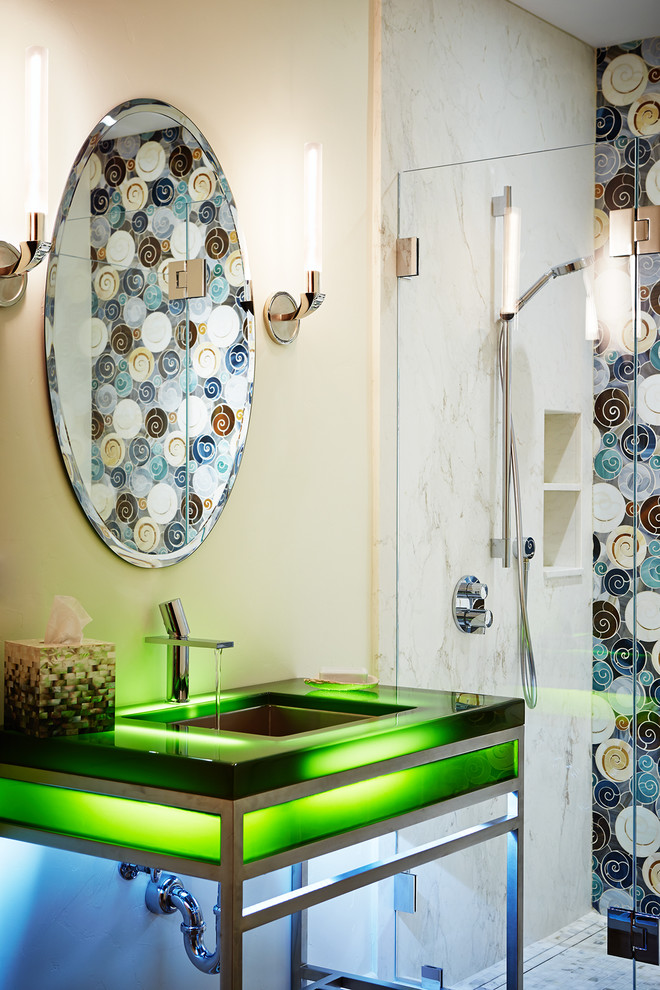 Inspiration for a mid-sized eclectic master multicolored tile and mosaic tile dark wood floor corner shower remodel in San Francisco with a vessel sink, open cabinets, laminate countertops and white walls