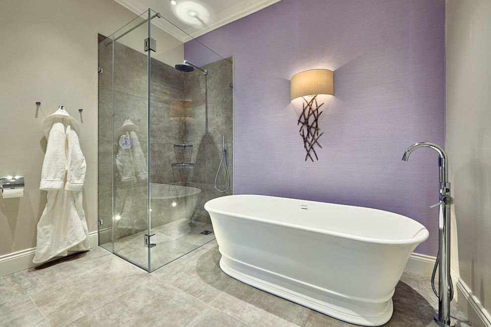 World-inspired bathroom in London with feature lighting.