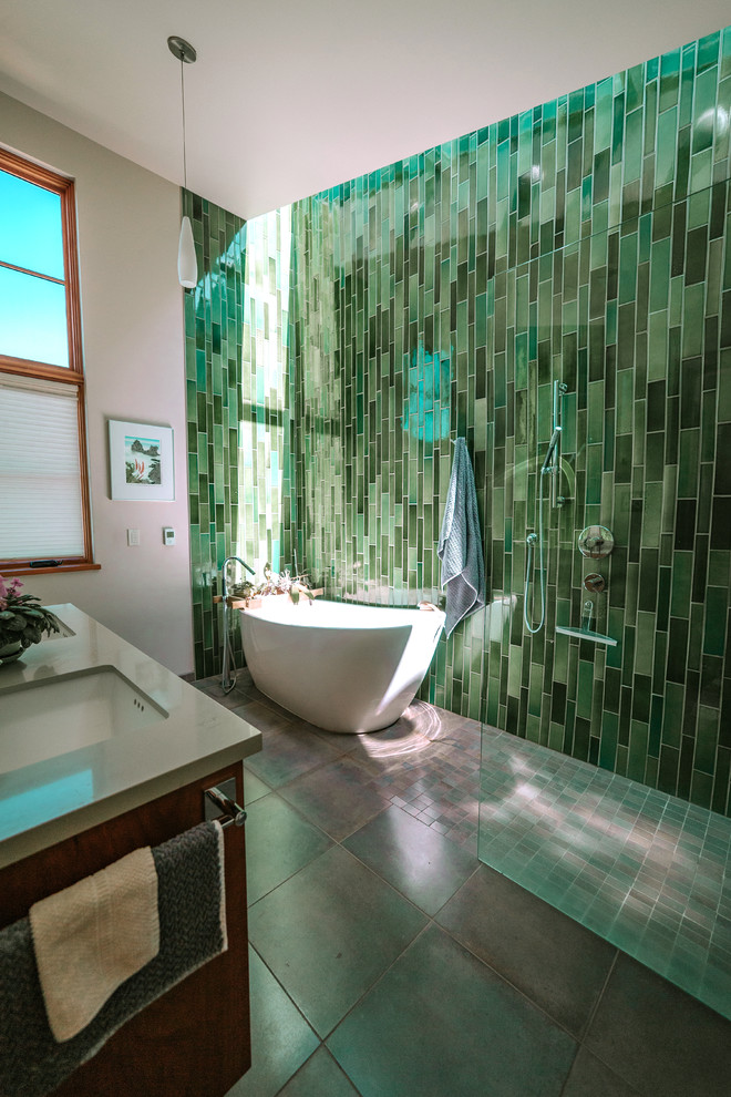 Inspiration for a mid-sized eclectic master green tile and ceramic tile ceramic tile and multicolored floor bathroom remodel in San Francisco with white walls, an undermount sink, quartzite countertops, a hinged shower door and gray countertops