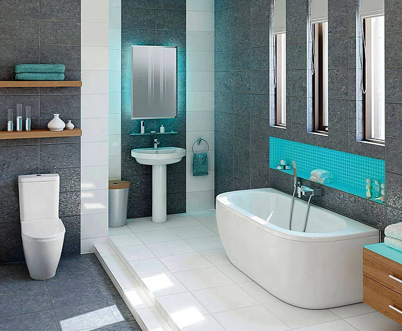 Идея дизайна: главная ванная комната среднего размера в современном стиле с плоскими фасадами, светлыми деревянными фасадами, отдельно стоящей ванной, унитазом-моноблоком, керамогранитной плиткой, серыми стенами, полом из керамогранита и раковиной с пьедесталом