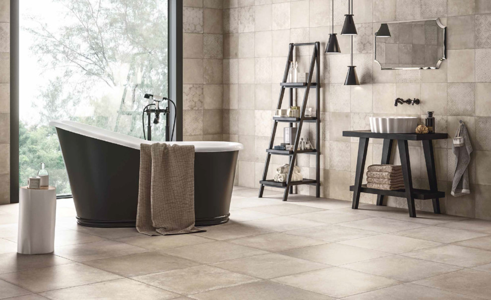 Example of a trendy beige tile and porcelain tile porcelain tile and beige floor bathroom design in San Francisco