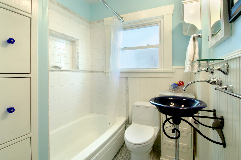 Example of a small classic 3/4 orange tile porcelain tile alcove bathtub design in Seattle with shaker cabinets, light wood cabinets and quartz countertops