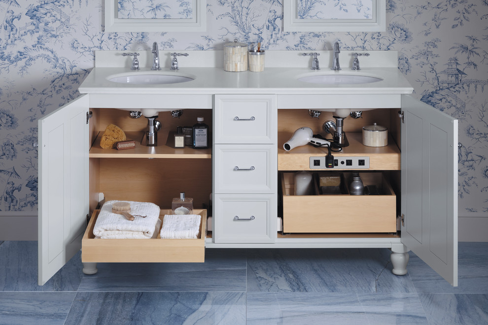 Elegant master blue tile and stone tile marble floor bathroom photo in Milwaukee with an undermount sink, white cabinets, multicolored walls and recessed-panel cabinets