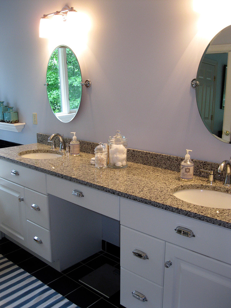 Example of a large eclectic master black tile and stone slab porcelain tile bathroom design in Boston with raised-panel cabinets, white cabinets, granite countertops and white walls
