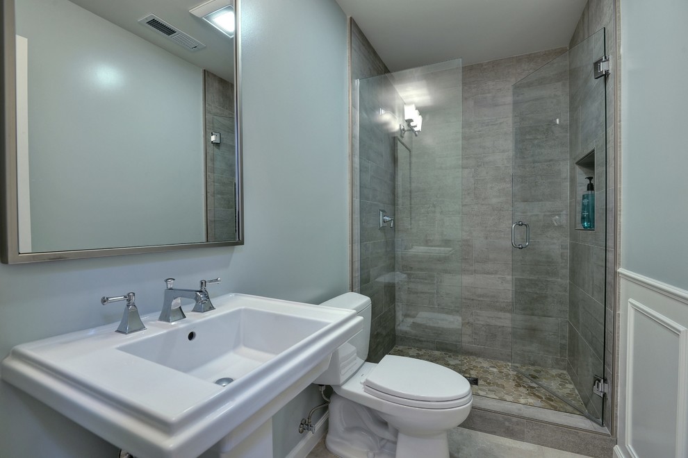 Example of a small transitional kids' gray tile and porcelain tile porcelain tile alcove shower design in San Francisco with gray cabinets, gray walls and an undermount sink