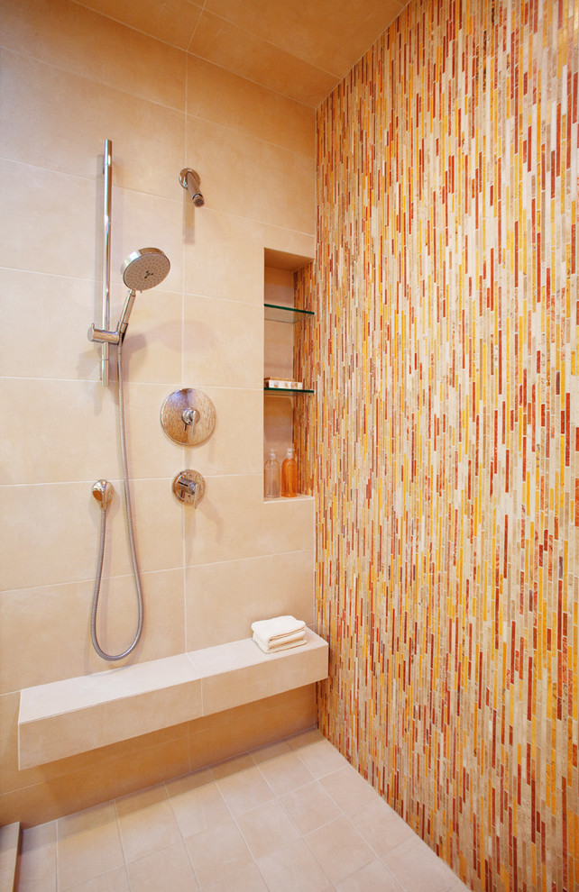 Inspiration for a contemporary master multicolored tile and matchstick tile ceramic tile doorless shower remodel in Los Angeles with flat-panel cabinets, medium tone wood cabinets, a one-piece toilet, white walls, a drop-in sink and quartz countertops