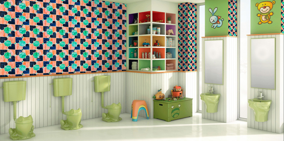 Идея дизайна: огромная детская ванная комната в стиле модернизм с зелеными фасадами, накладной ванной, унитазом-моноблоком, разноцветной плиткой, плиткой мозаикой, бежевыми стенами, полом из известняка, подвесной раковиной, белым полом и зеленой столешницей