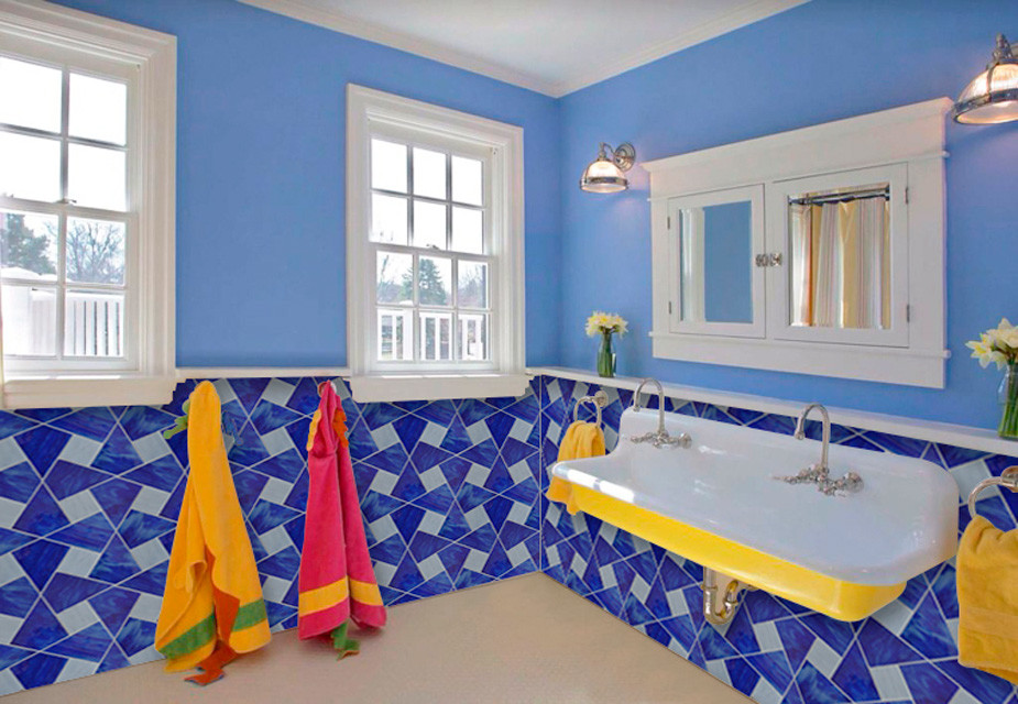 Источник вдохновения для домашнего уюта: большая детская ванная комната в стиле модернизм с фасадами с декоративным кантом, белыми фасадами, накладной ванной, угловым душем, унитазом-моноблоком, зеленой плиткой, плиткой мозаикой, синими стенами, полом из керамогранита, подвесной раковиной, столешницей из дерева, бежевым полом, душем с распашными дверями и белой столешницей