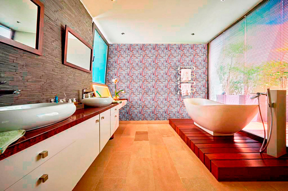 Bathroom - mid-sized modern master green tile and mosaic tile ceramic tile and brown floor bathroom idea in Gold Coast - Tweed with open cabinets, white cabinets, a one-piece toilet, brown walls, a drop-in sink, solid surface countertops and brown countertops