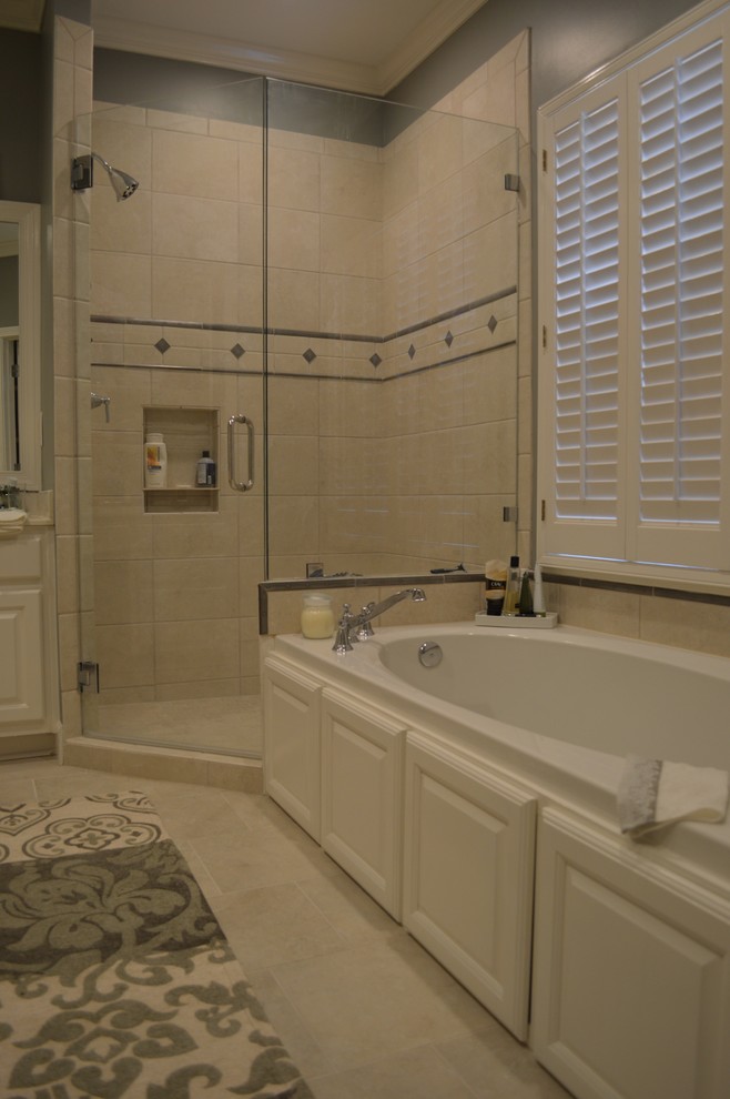 Mid-sized transitional white tile and ceramic tile ceramic tile bathroom photo in Atlanta with a drop-in sink, flat-panel cabinets, white cabinets, granite countertops and gray walls