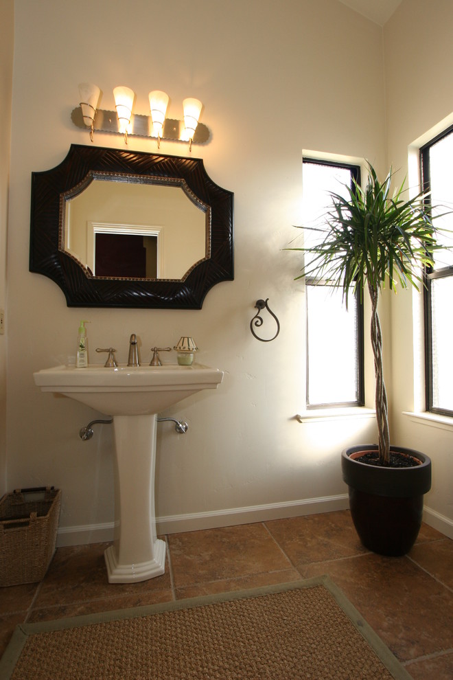 Small elegant 3/4 beige tile and ceramic tile bathroom photo in Sacramento with a pedestal sink and beige walls
